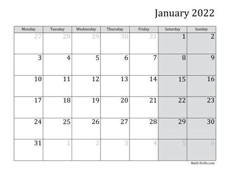 2022 Monthly Calendar With Monday As The First Day