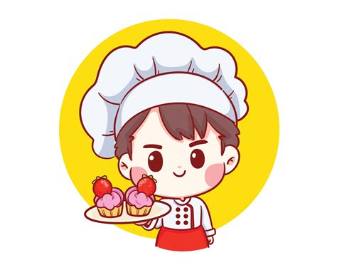 Cute Bakery Chef Boy Holding Strawberry Cake Smiling Cartoon Art