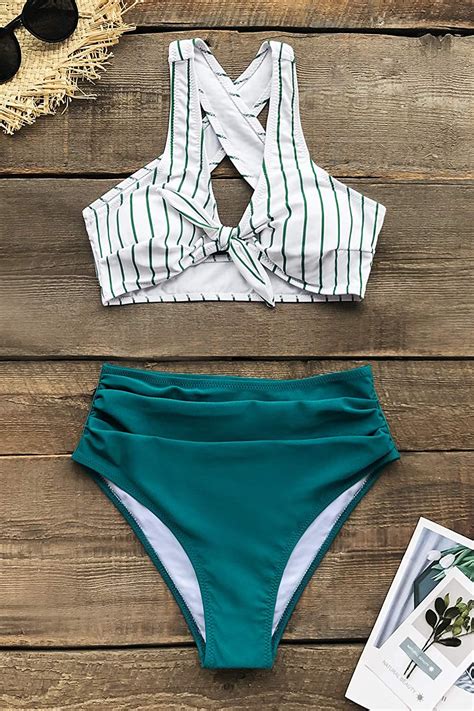 Cupshe Womens Teal Solid Striped Shirring High Waisted Teal White