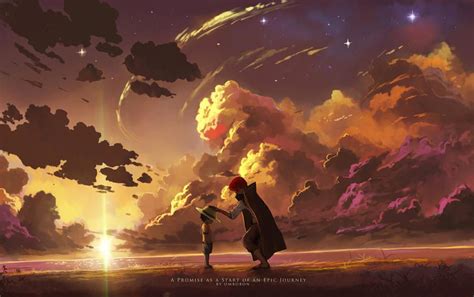 Two People Standing In The Middle Of A Field With Clouds And Stars