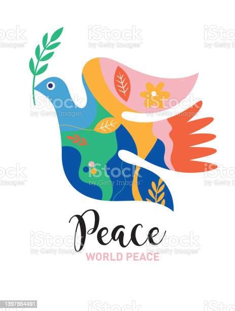 World Peace Poster Dove Of Peace And Flowers Stock Illustration