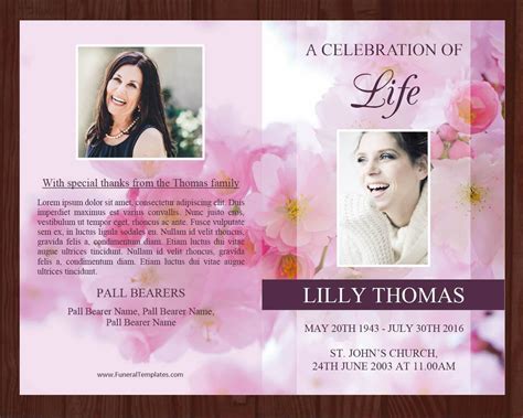 4 Page Pink Blossom Funeral Program Template Prayer Card Funeral