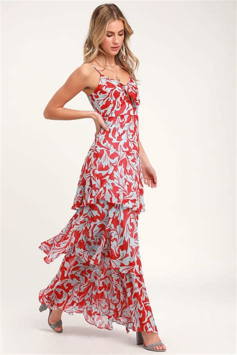 Saturday Sunrise Red And Blue Floral Print Tiered Maxi Dress Tiered Maxi Dress Maxi Dress