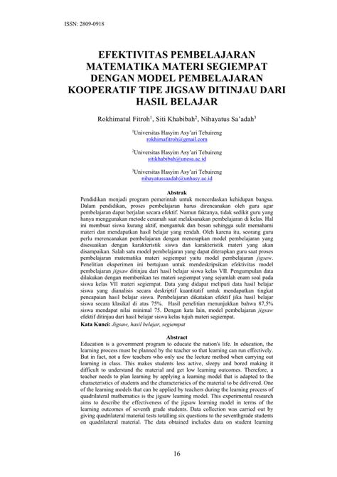 Pdf Efektivitas Pembelajaran Matematika Materi Segiempat Dengan Model Pembelajaran Kooperatif