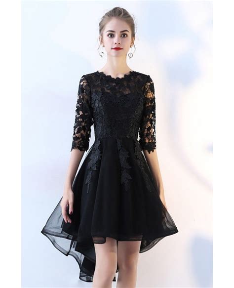 Black Lace Half Sleeve High Low Homecoming Prom Dress Bls86046