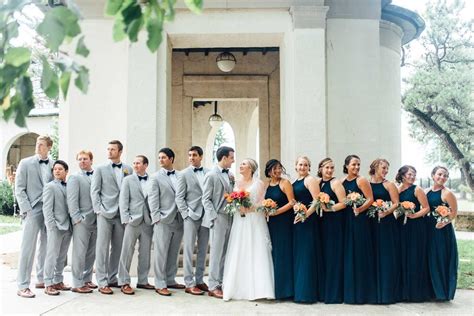 Floor Length Navy Blue Bridesmaid Dresses And Light Gray Groomsmen