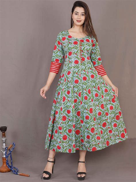 sky blue cotton floral printed long kurti cotton kurti designs cotton dress summer designs