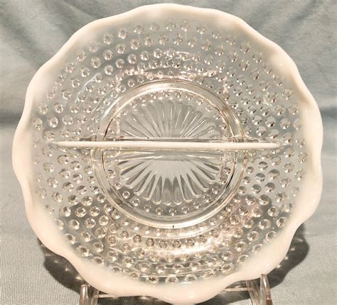 Hobnail Clear White Vintage Glass Divided Serving Dish