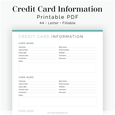 Credit Card Information Fillable Printable Pdf Finance Etsy