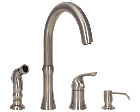 It contains a 360 degree spout and includes a soap dispenser and side spray for easy cleaning. 710-BN Brushed Nickel 4 Hole Kitchen Faucet