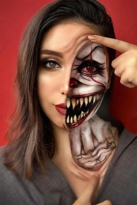 Sensual beautiful female model in a bath tub of milk for halloween. Scary Clown Halloween Makeup #halfface ★ Scary Halloween ...