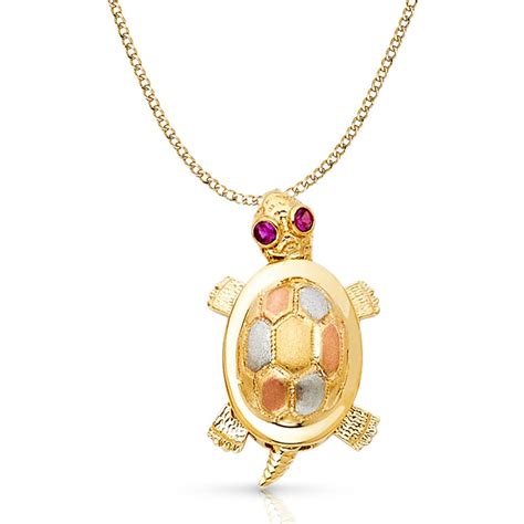 14K Gold Turtle Charm Pendant With 2 3Mm Hollow Cuban Chain Necklace