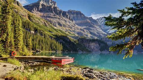 Red Wooden Boat Lake Boat Mountains Landscape Hd Wallpaper