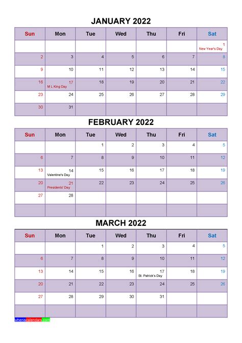 free printable january february march 2022 calendar with holidays as