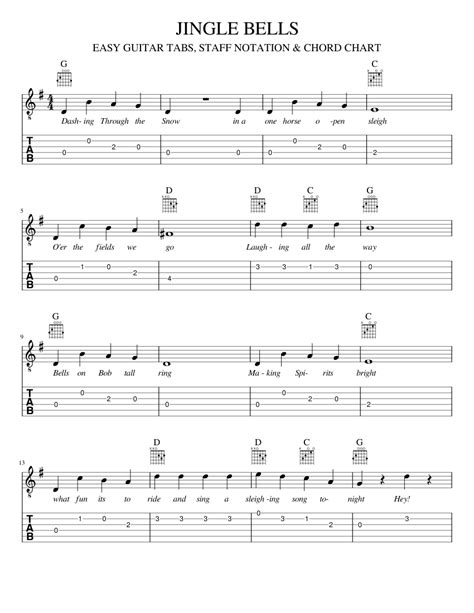 Jingle Bells Easy Guitar Tabs Staff Notation And Chord Chart Sheet Music For Guitar Solo
