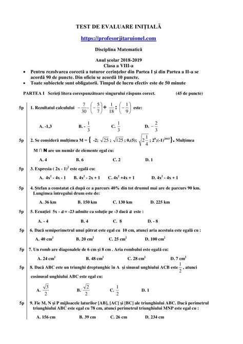 Test Initial Matematica Clasa A 8 A Cu Rezolvare Barem