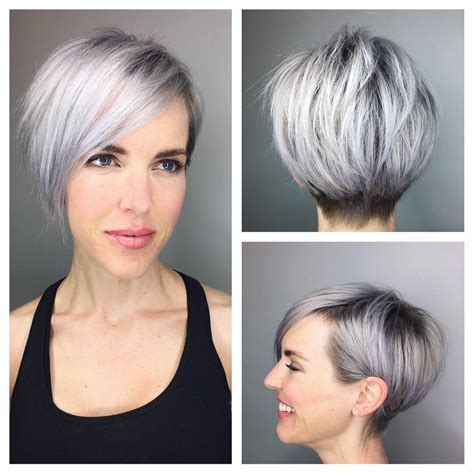 This swept back bob is the Graduated Silver Textured Pixie with Side Swept Bangs and ...