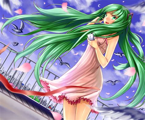 Animal Bird Dress Green Eyes Green Hair Hatsune Miku Microphone Pink