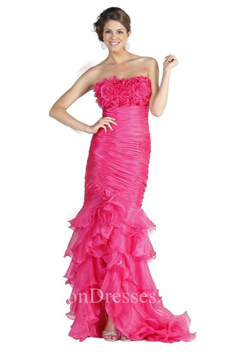 Mermaid Strapless High Slit Burgundy Organza Ruffle Prom Dress