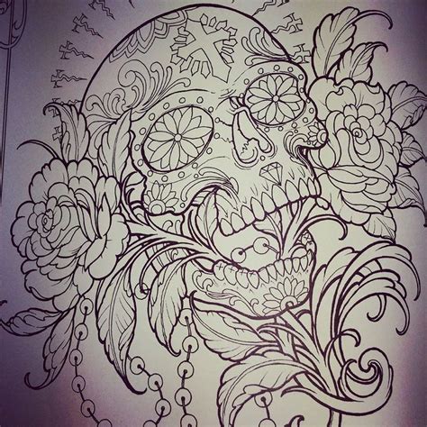Commencez par dessinez la silhouette de la tête de mort. Tatoo - Roses - tête de mort | Planète tatouage - Dessin ...