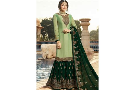 Drashti Dhami Green Satin Georgette Embroidered Sharara Style Suit 3605