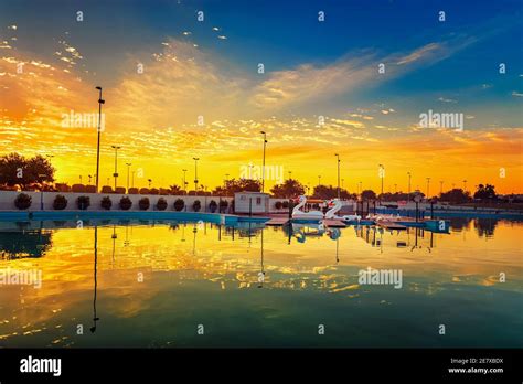 beautiful sunset view in king fahad park saudi arabia selective focus background blurred stock