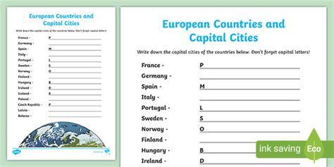 Capitals And Countries Worksheet Teacher Made