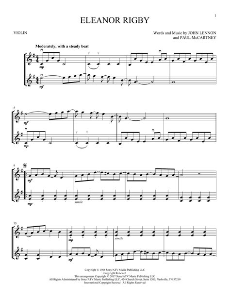 Eleanor Rigby Sheet Music The Beatles Violin Duet