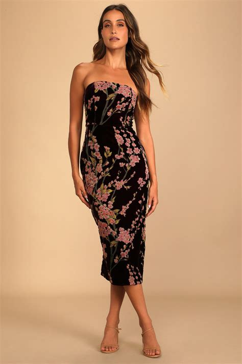 Plum Floral Print Dress Burnout Velvet Dress Strapless Midi Lulus