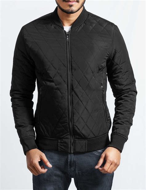Mens Quilted Bomber Jacket With Faux Leather Trim Olgyn Quilted