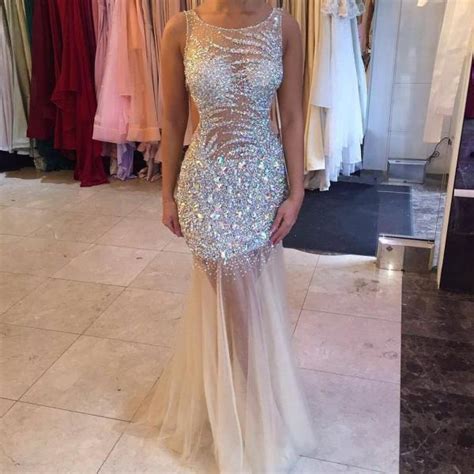 Fully Crystal Beaded Tulle Mermaid Prom Dresses Illusion Evening Gowns