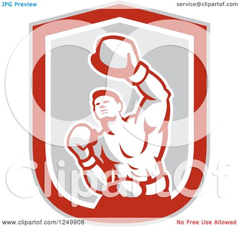 Clipart Of A Retro Male Boxer Punching In A Gray And Red Shield