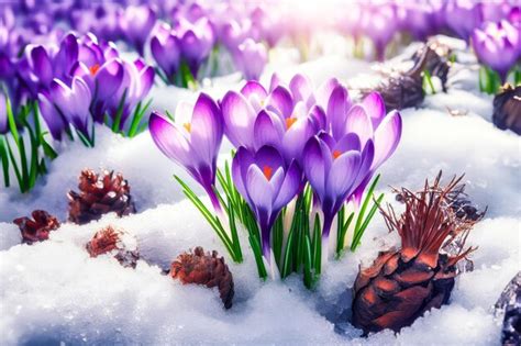 Premium Ai Image Purple Crocuses Emerging From Under Snow In Early