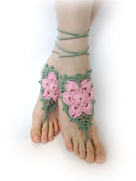 Crochet Barefoot Sandals Pink Flowers Green Leaves Foot Jewelry