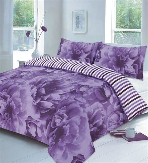 Rose Floral Printed Lilac Duvet Quilt Cover Bedding Set Linen And