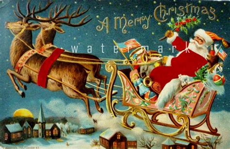 Vintage Christmas Postcard With A Beautiful Santa And Raindeer Etsy