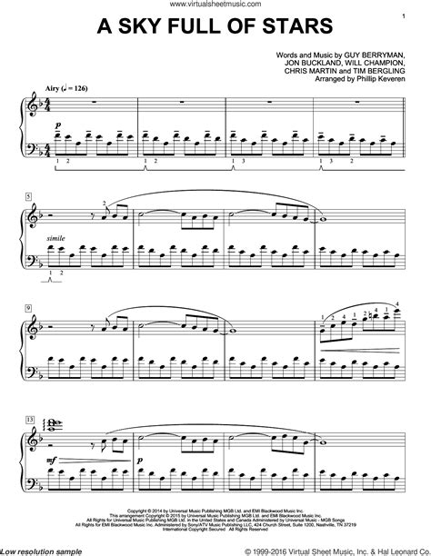 'cause you're a sky, 'cause you're a sky full of stars i wanna die in your arms 'cause you get lighter the more it gets dark i'm gonna give you my heart. Keveren - A Sky Full Of Stars sheet music for piano solo