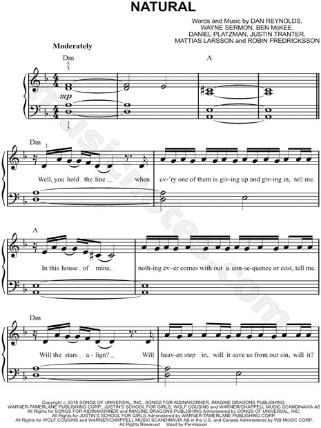 Imagine Dragons Natural Sheet Music Easy Piano In D Minor