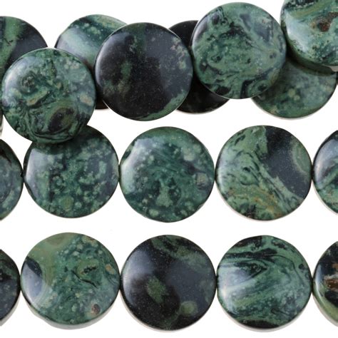 Kambaba Jasper 12mm Coin Dark Green Gemstone Beads