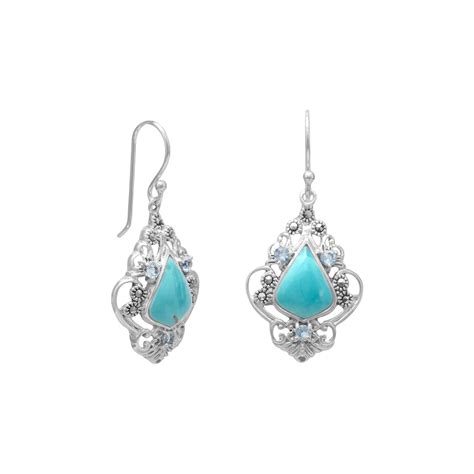 Reconstituted Turquoise Blue Topaz And Marcasite Earrings Gemstone