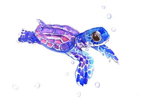 Baby Sea Turtle Painting Blue Small Watercolor By Originalonly Turtle Painting Sea Turtle