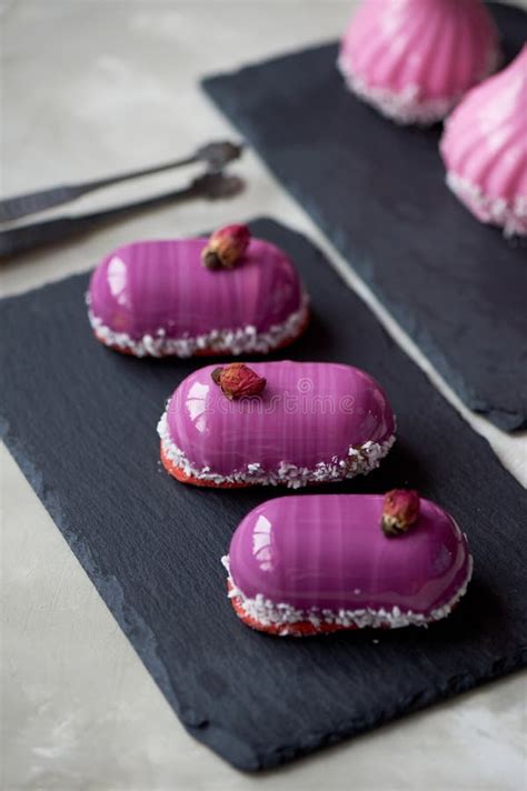 Six Beautiful Mousse Cakes Covered With Mirror Shiny Glaze The Skill Of