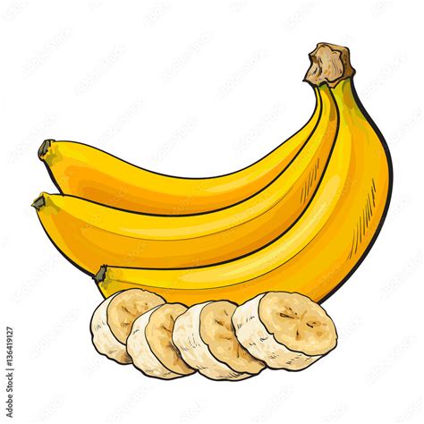 Bunch Of Three Unopened Unpeeled Ripe Bananas And Banana Chopped Into