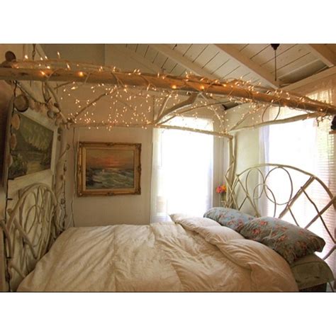 The fairy lights look like twinkling stars and they envelop the bed creating a really cozy there's also the option to hang string lights on the ceiling. Make canopy type thing out of sticks & small logs. Hang ...