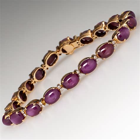 Oval Star Ruby Cabochon Bracelet 14K Gold w/ Diamond Accents