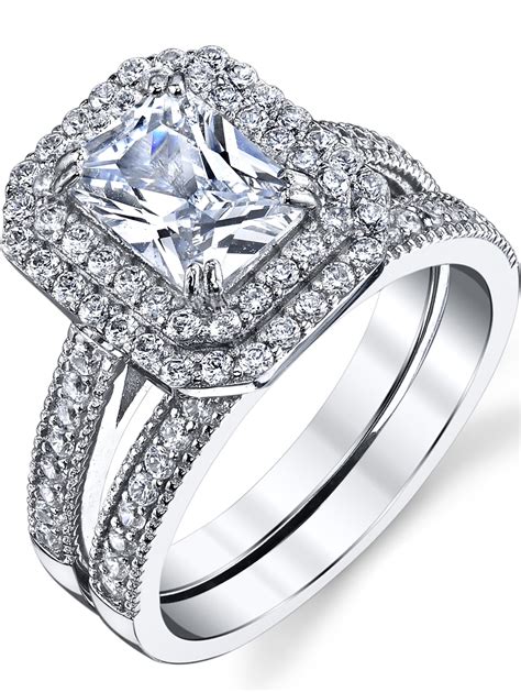 Womens 2 Carat Emerald Cut Sterling Silver Cubic Zirconia Wedding Ring
