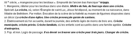 A representation of the nativity, usually with statues or figurines. Crèche: La définition du terme "Crèche"