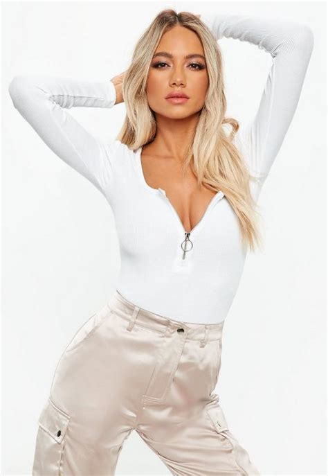 White Zip Front Long Sleeve Ribbed Bodysuit Missguided