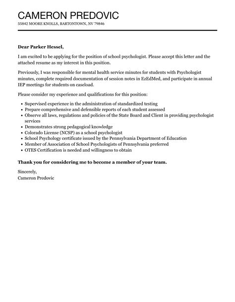 School Psychologist Cover Letter Velvet Jobs