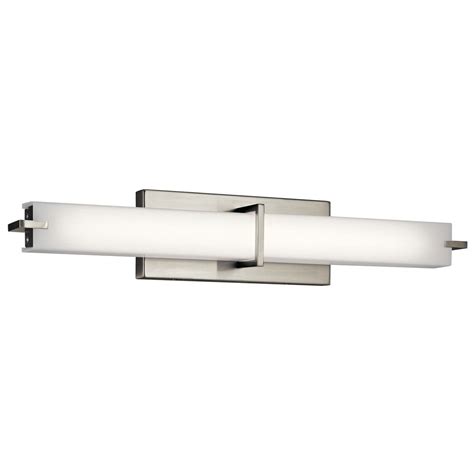 It features a sophisticated look with smooth curved lines and white painted glass shades. Kichler Lighting Brushed Nickel LED Vertical Bathroom ...